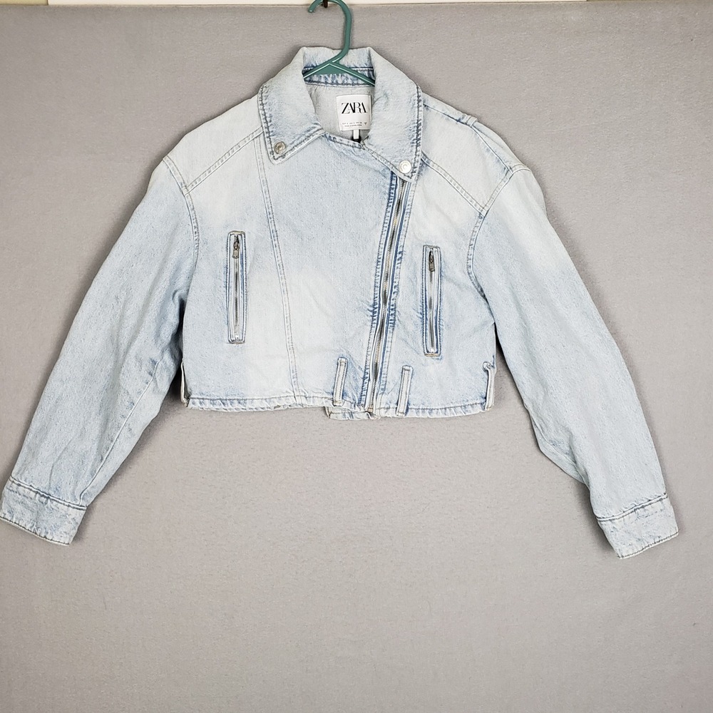 Zara Size S Asymmetrical Zip Boxy Crop‎ Jean Jacket Light Wash Denim 90s Urban